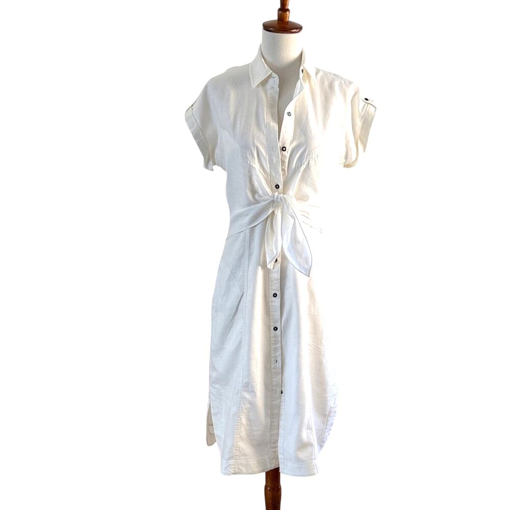 Anthro Maeve Linen Tie Front Shirt Dress White Size 0 Coastal Preppy Midi - Picture 2 of 11